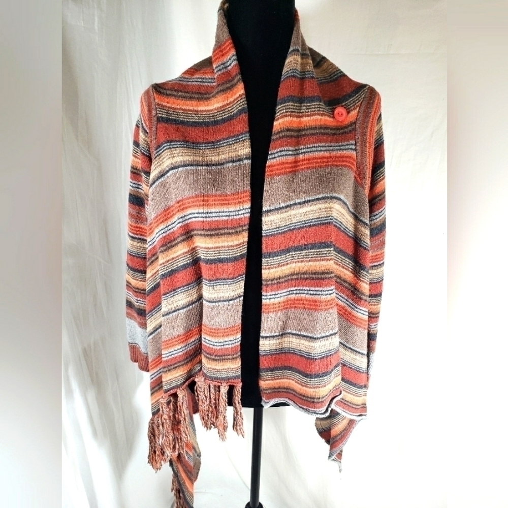 Multicolored Orange Button Up Cardigan Sweater with Fringes One Size fits all